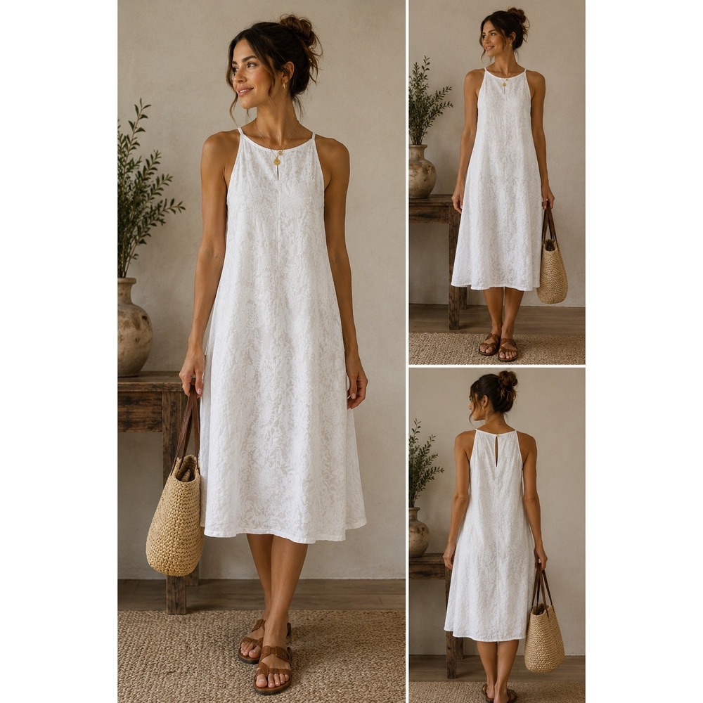 Lungo L'Arno White 100% Linen Floral Print Midi Dress Made in Italy Small Summer
